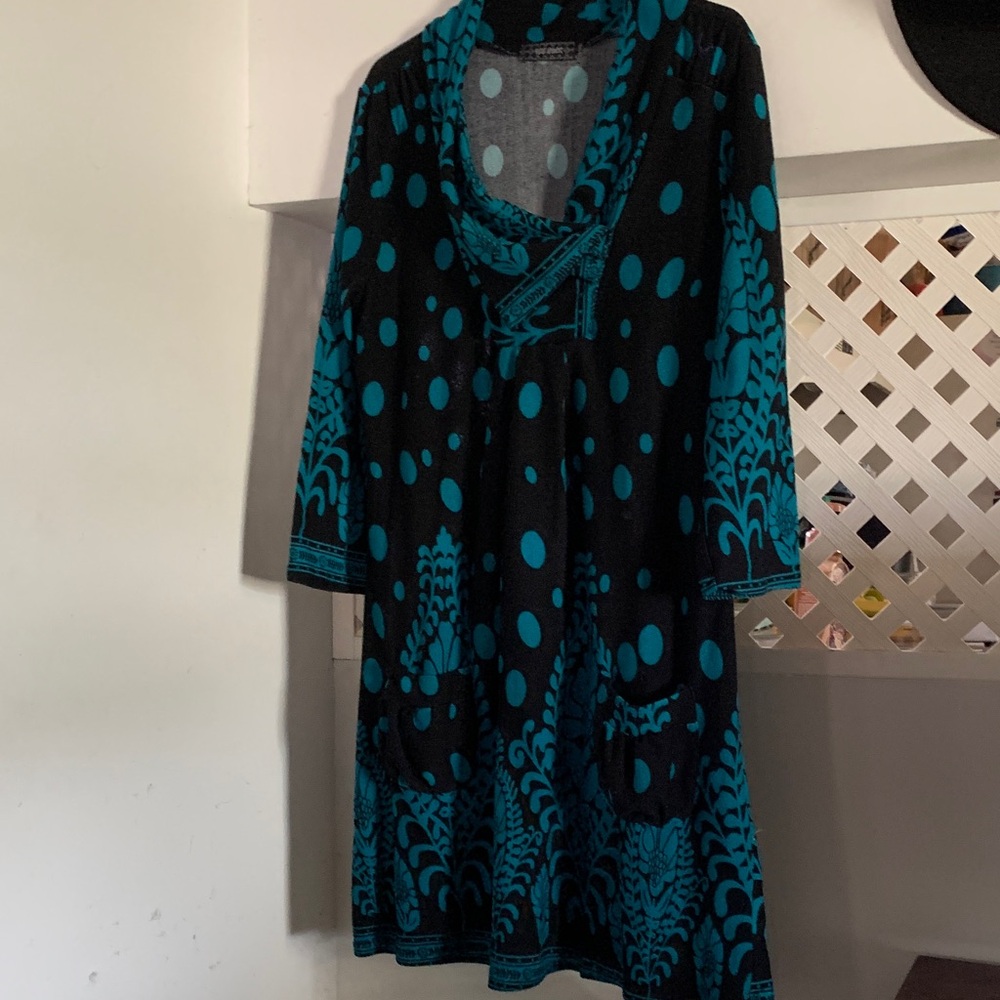 Ice Silk Black and Teal Polka Dot Dress